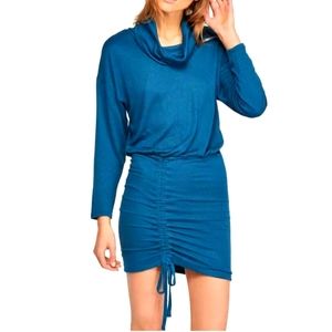 Free People Sundown Cowl blue neck ruched midi sneath dress long sleeves Large